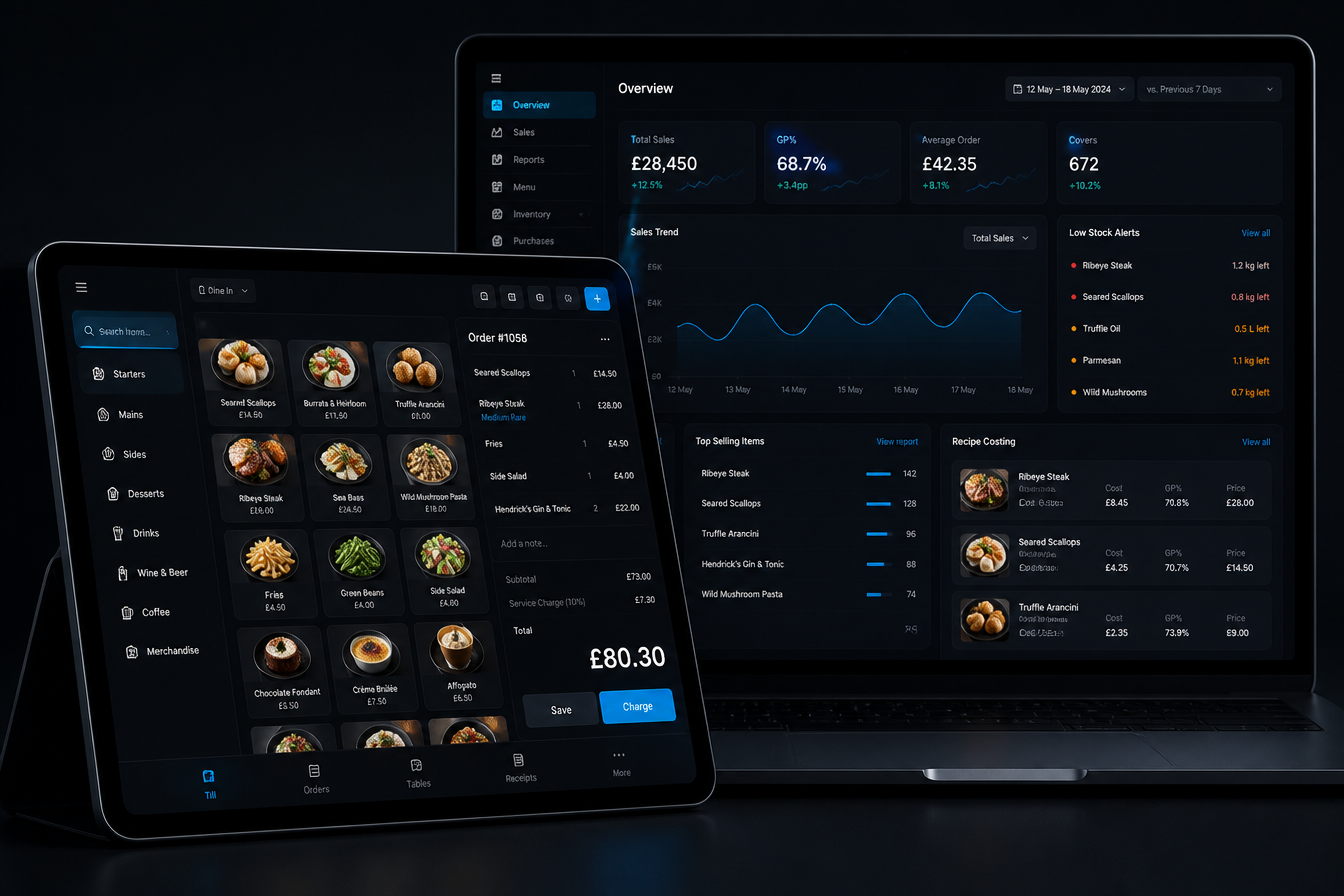 Easy POS dashboard showing live sales, GP%, kitchen tickets and stock alerts on tablet and laptop